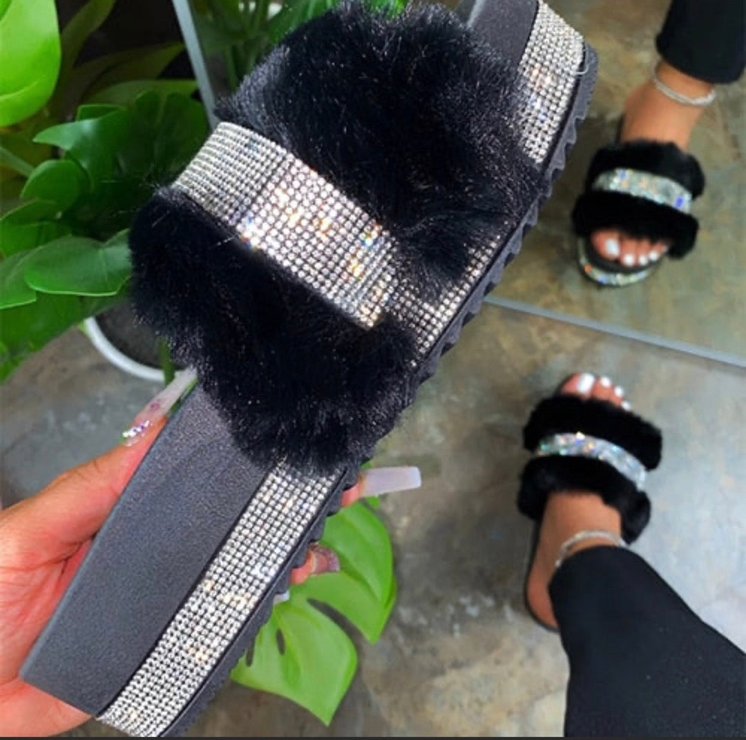 Faux Fur Rhinestone Slides